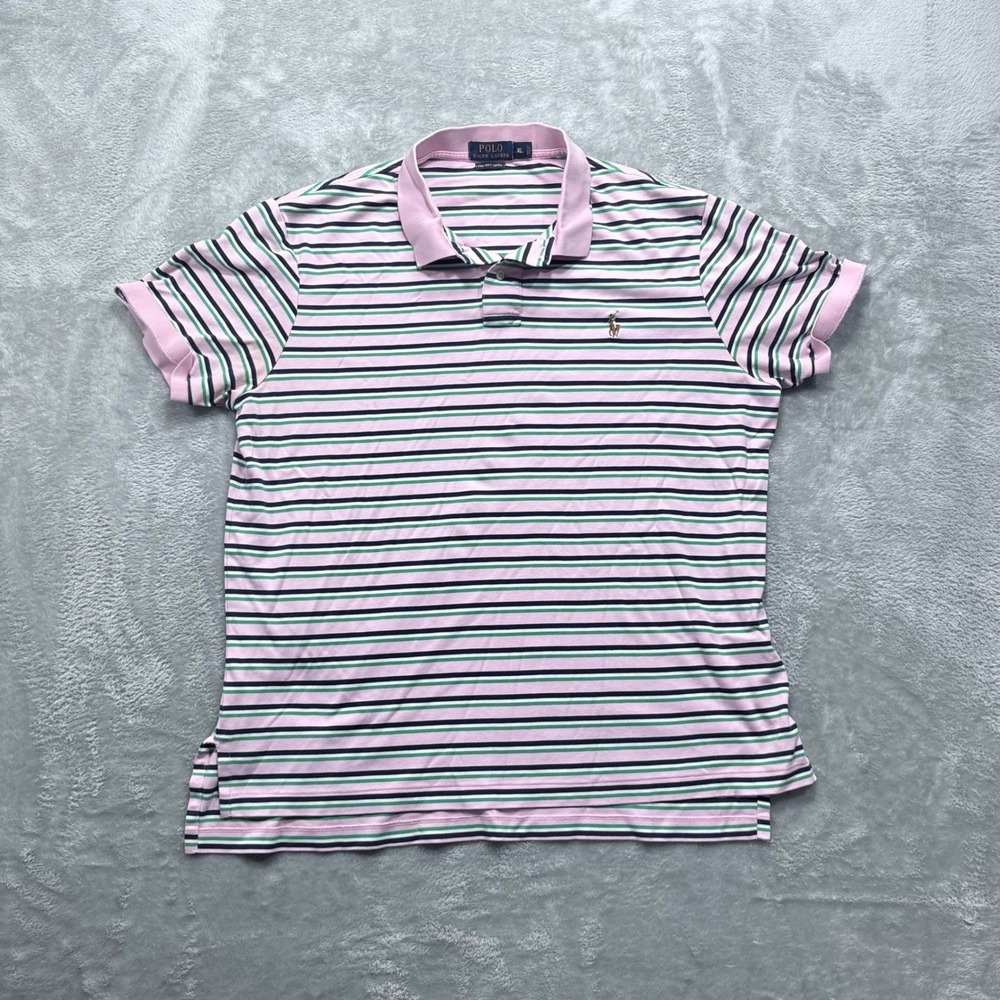 Polo Ralph Lauren Polo Shirt Men XL Pink Green Striped Pima Soft Touch Short Slv